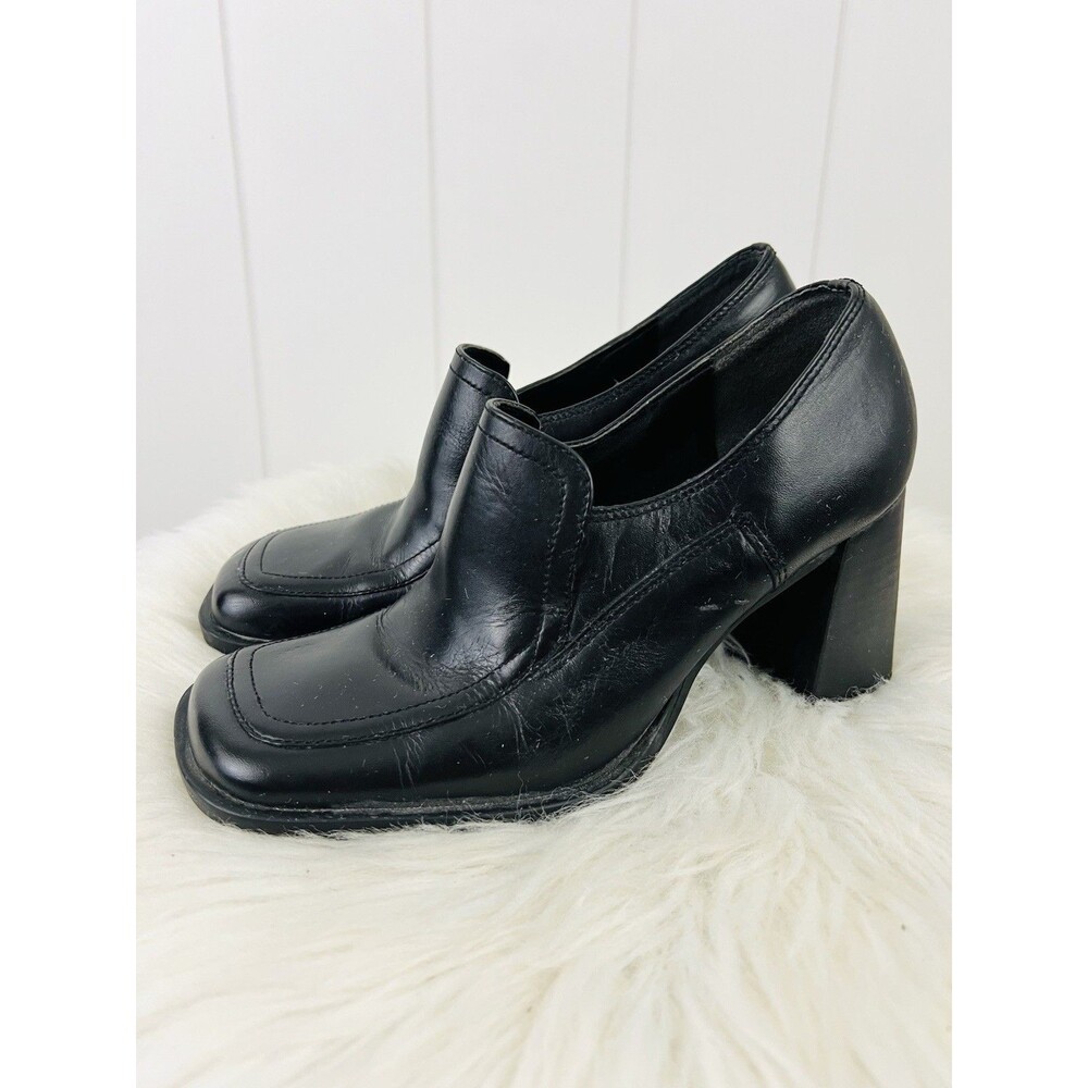 Vintage 90s Y2K Croft & Barrow Charlotte Black Square Toe Chunky Heel Loafers 6M